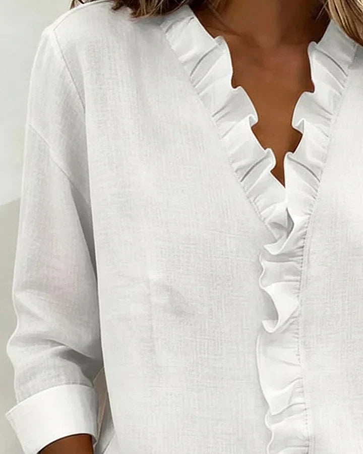 Damen Rüschenshirt V-Ausschnitt Regular Fit Freizeit Elegant