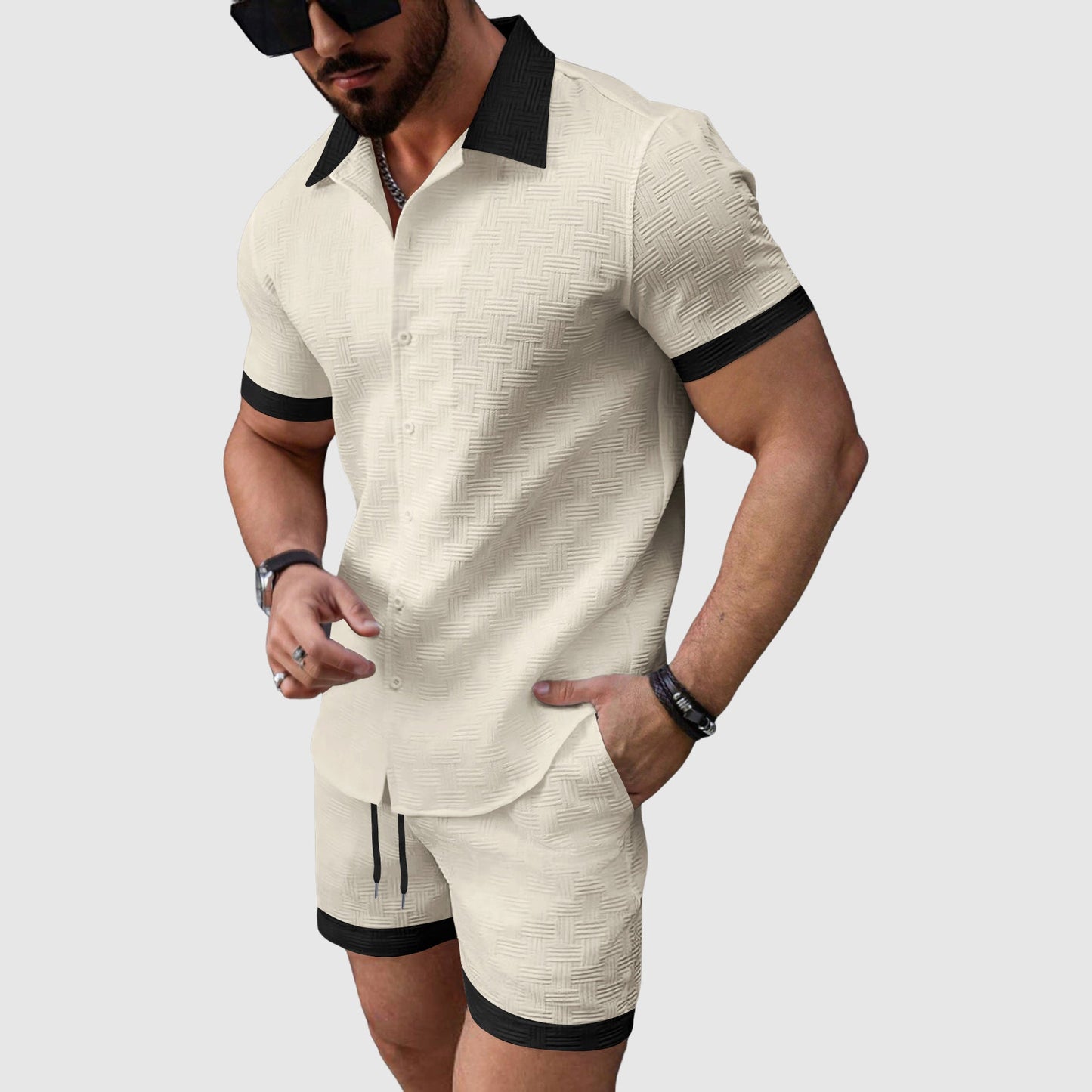 Herren Freizeitset Slim Fit mit Kurzarmhemd und Shorts Sommer