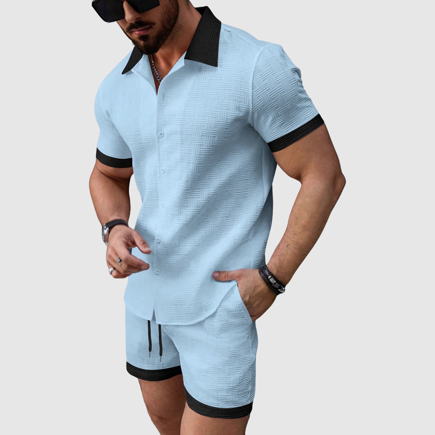 Herren Freizeitset Slim Fit mit Kurzarmhemd und Shorts Sommer