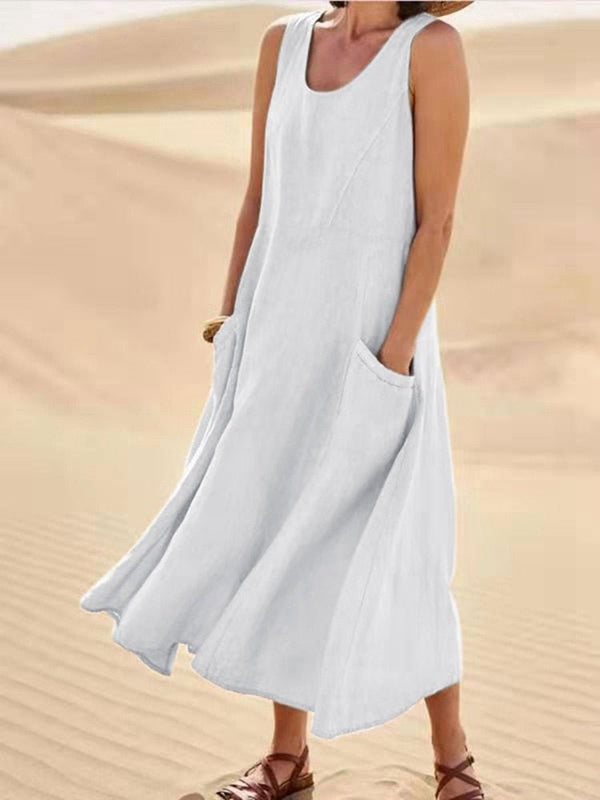 Damen Maxikleid Ärmellos Relaxed Fit Freizeit mit Taschen