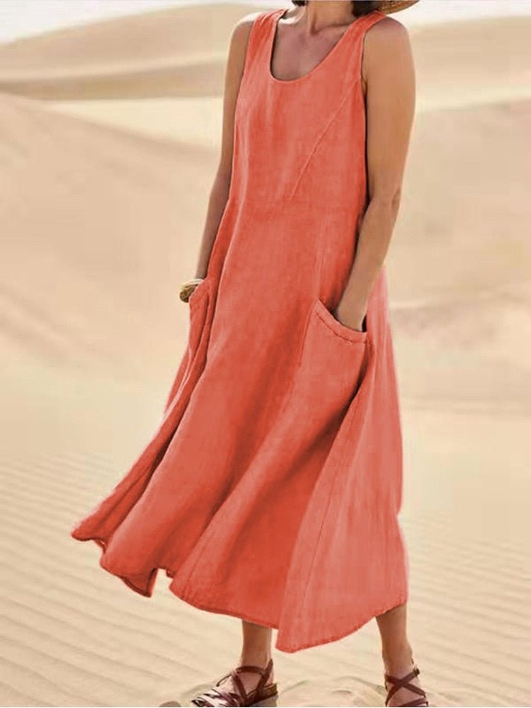Damen Maxikleid Ärmellos Relaxed Fit Freizeit mit Taschen