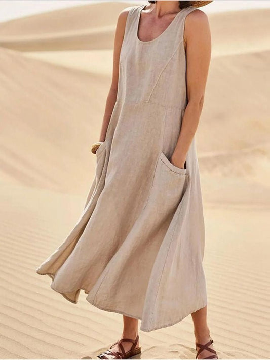 Damen Maxikleid Ärmellos Relaxed Fit Freizeit mit Taschen