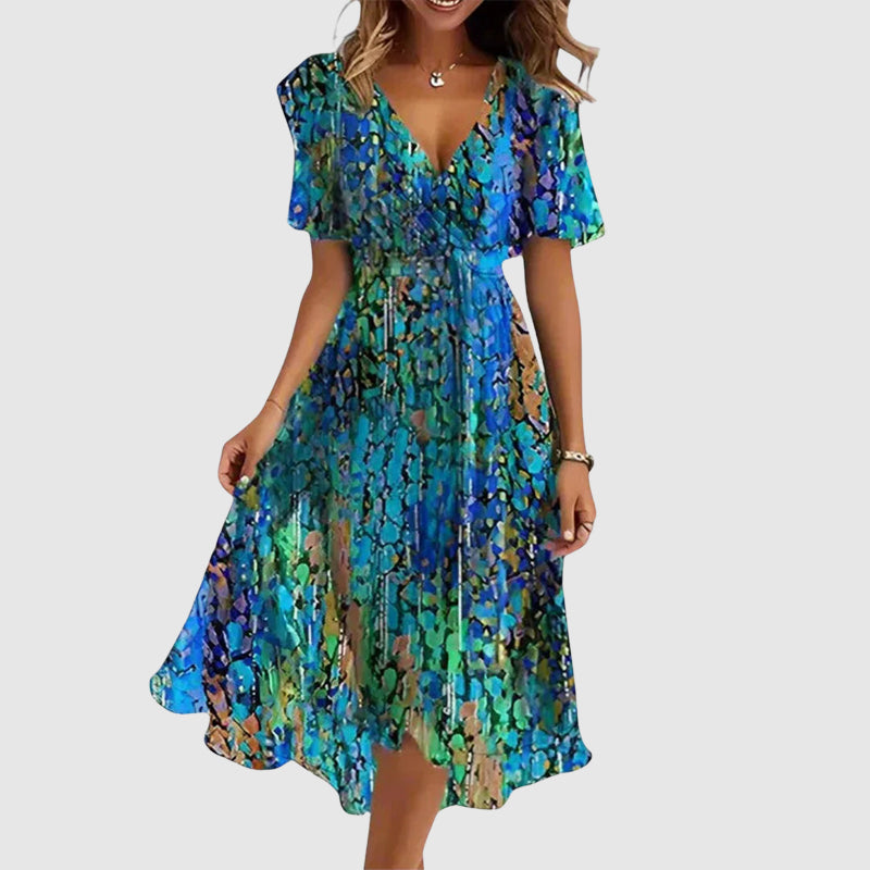Damen Slim Fit Midi Kleid mit floralem V-Ausschnitt Freizeit Sommer