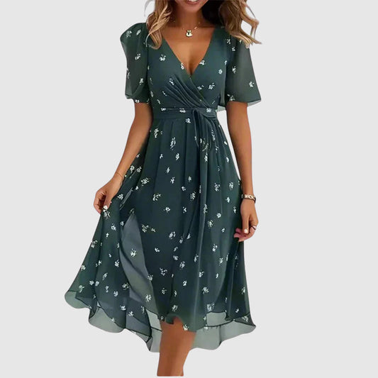 Damen Slim Fit Midi Kleid mit floralem V-Ausschnitt Freizeit Sommer