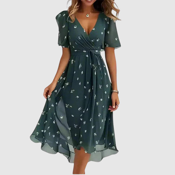 Damen Slim Fit Midi Kleid mit floralem V-Ausschnitt Freizeit Sommer