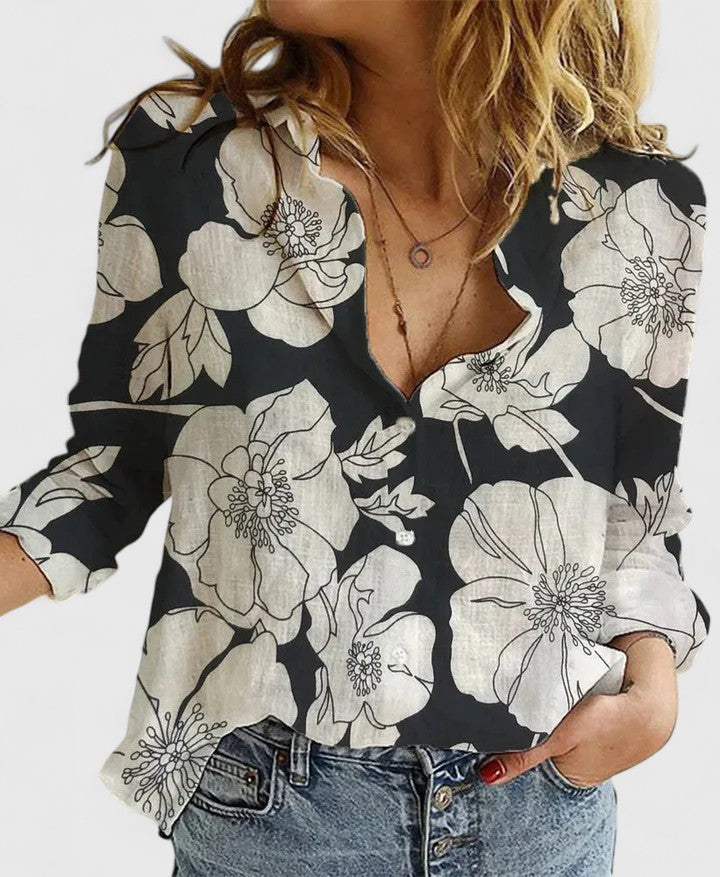 Damen Bluse Relaxed Fit Casual Botanischer Blumenprint V-Ausschnitt