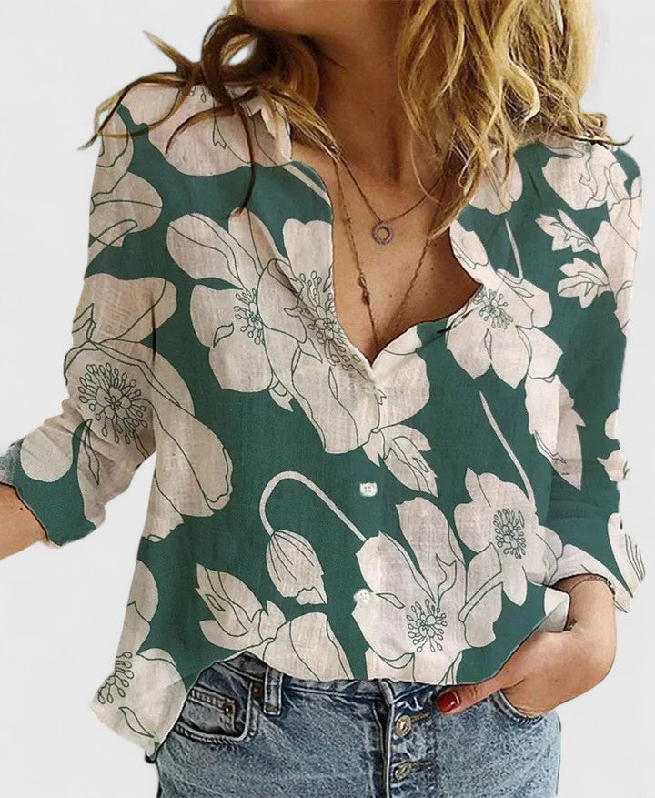 Damen Bluse Relaxed Fit Casual Botanischer Blumenprint V-Ausschnitt