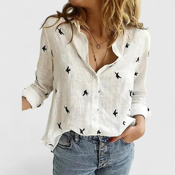 Damen Bluse Relaxed Fit Casual Botanischer Blumenprint V-Ausschnitt