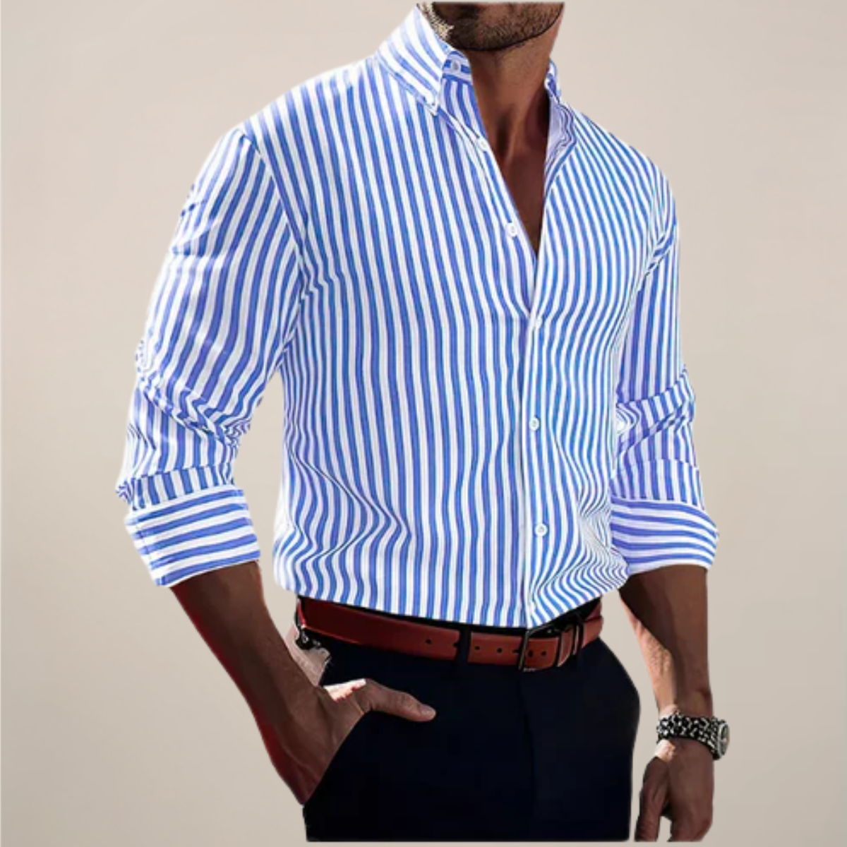 Herren Slim Fit Langarmhemd Gestreift Business Smart Casual