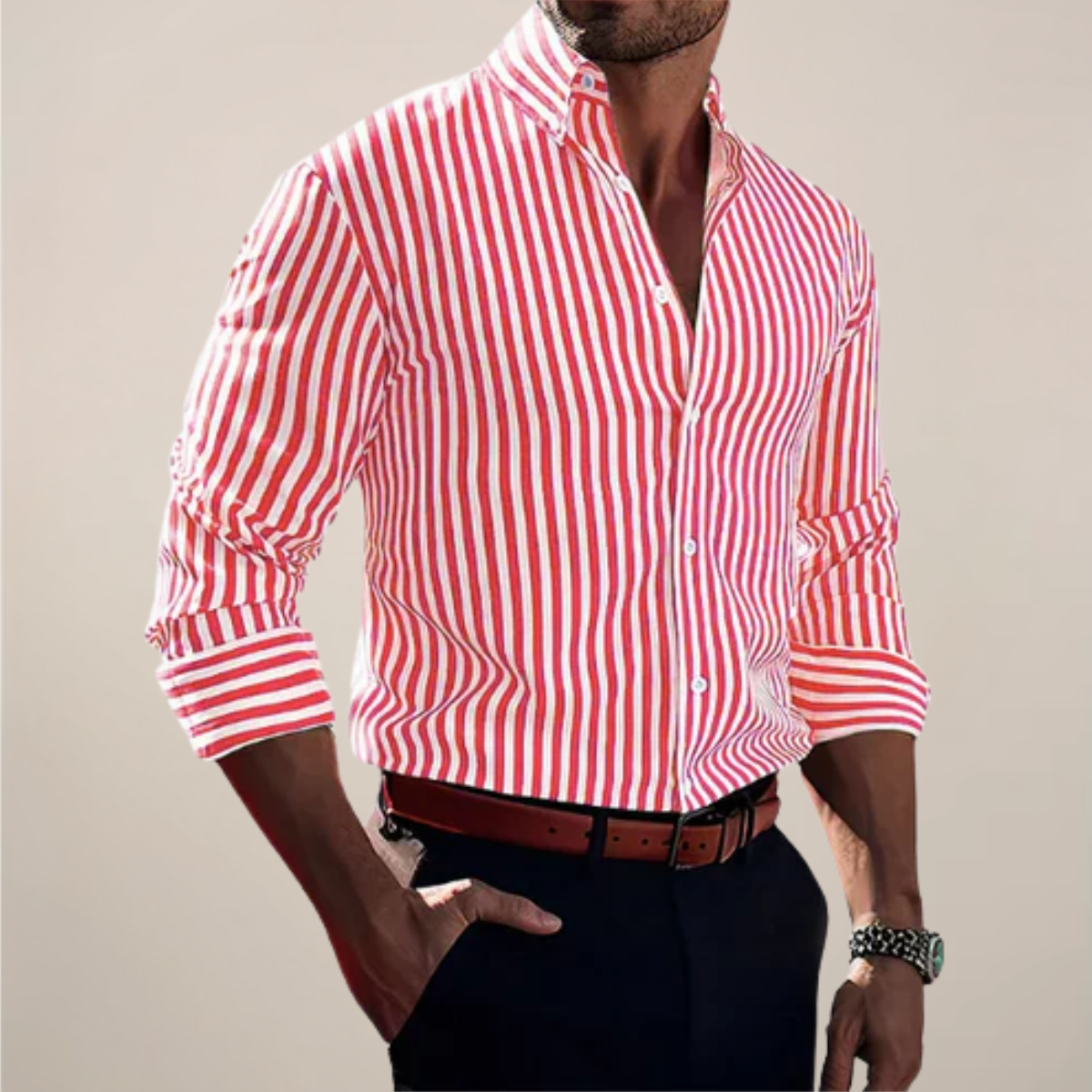 Herren Slim Fit Langarmhemd Gestreift Business Smart Casual