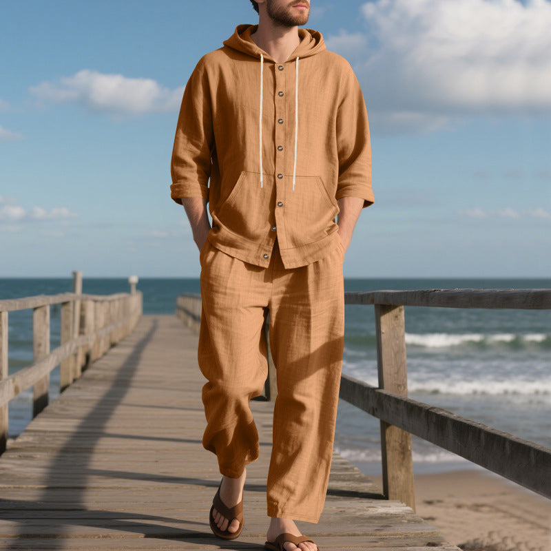 Zweiteiler Herren Relaxed Fit Freizeit Sommer mit Kapuze und Knopfleiste