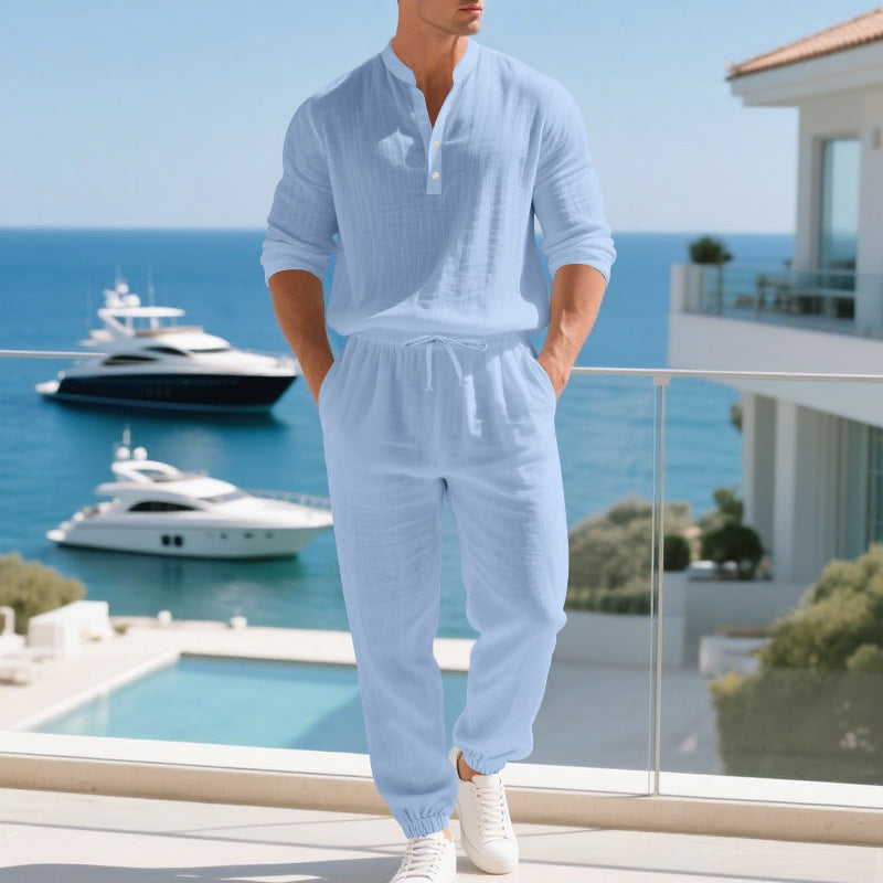 Zweiteiler Herren Relaxed Fit Freizeit Baumwolle Knopfleiste