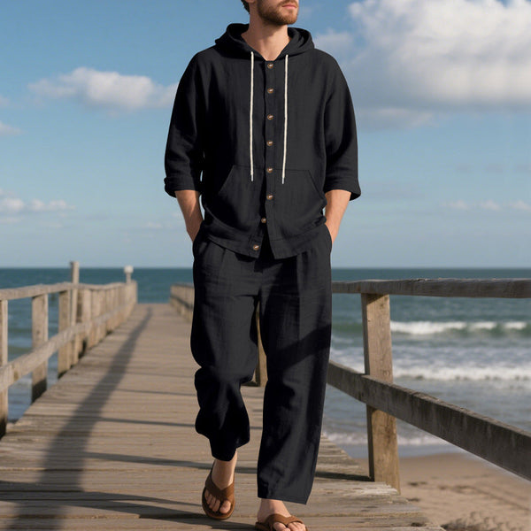 Zweiteiler Herren Relaxed Fit Freizeit Sommer mit Kapuze und Knopfleiste