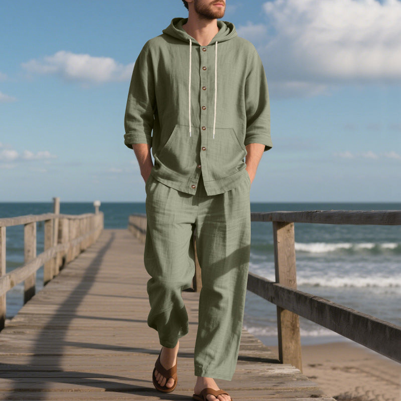 Zweiteiler Herren Relaxed Fit Freizeit Sommer mit Kapuze und Knopfleiste