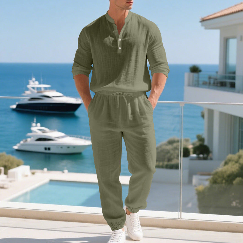 Zweiteiler Herren Relaxed Fit Freizeit Baumwolle Knopfleiste