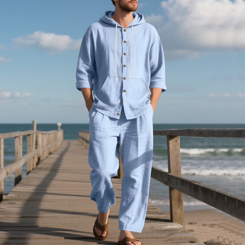 Zweiteiler Herren Relaxed Fit Freizeit Sommer mit Kapuze und Knopfleiste