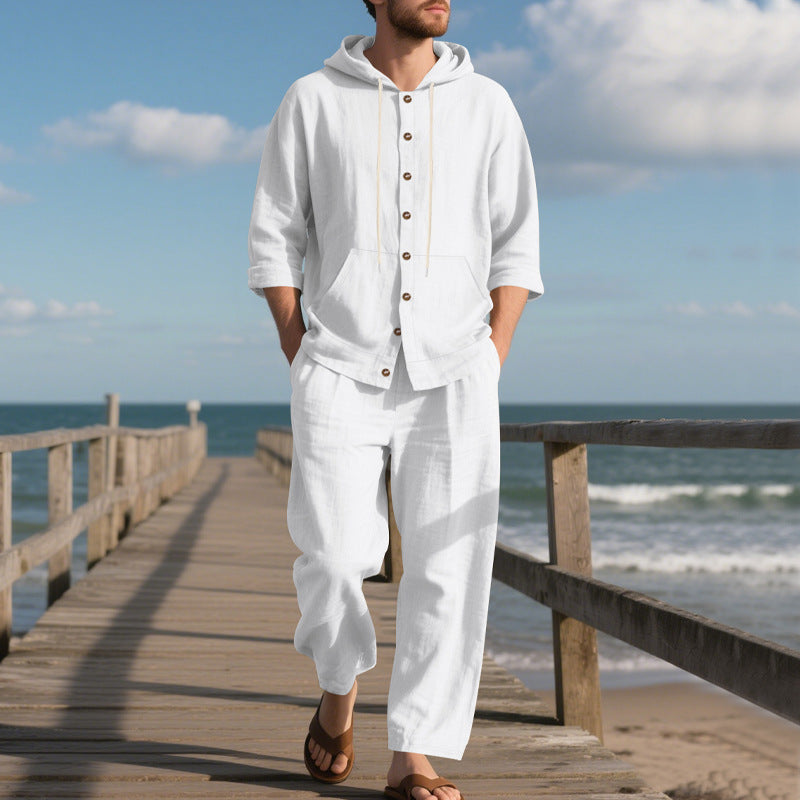 Zweiteiler Herren Relaxed Fit Freizeit Sommer mit Kapuze und Knopfleiste