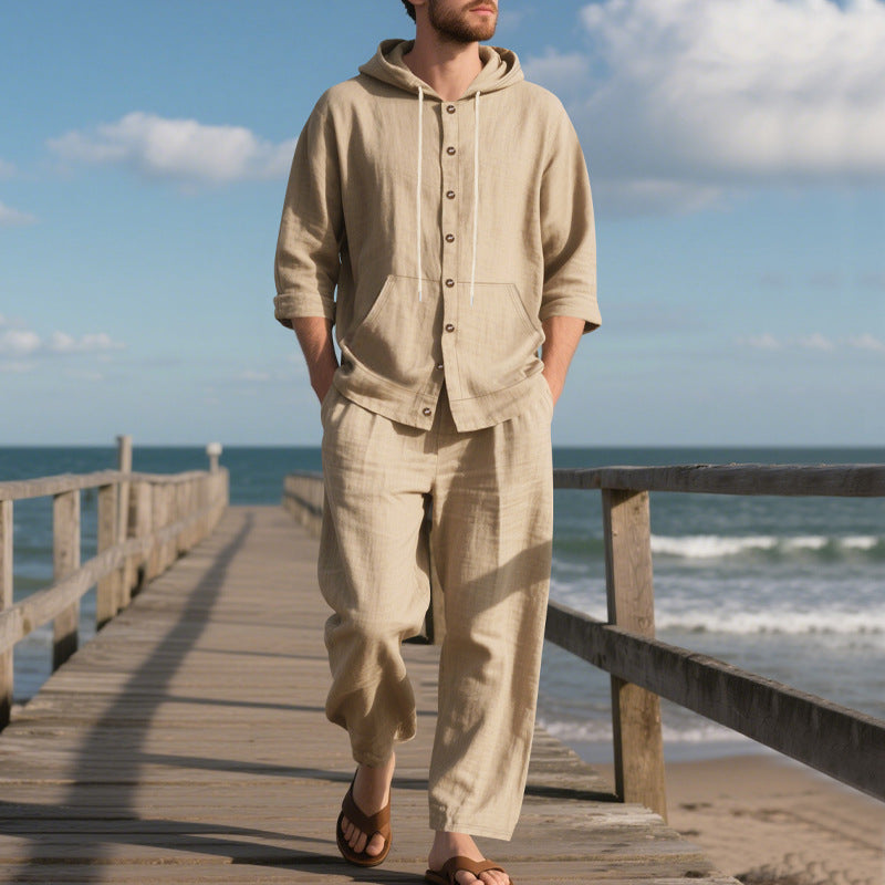 Zweiteiler Herren Relaxed Fit Freizeit Sommer mit Kapuze und Knopfleiste