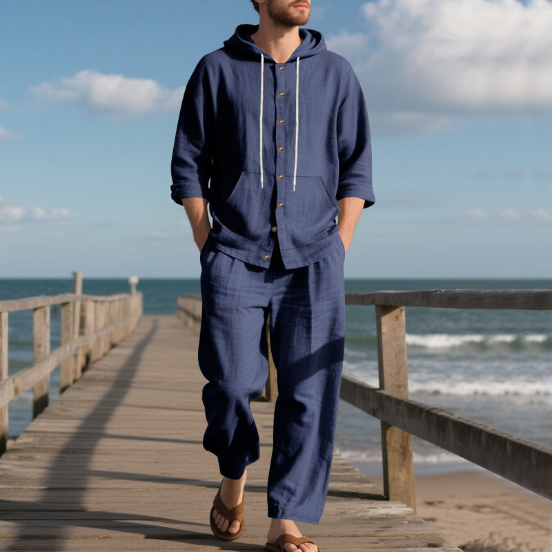 Zweiteiler Herren Relaxed Fit Freizeit Sommer mit Kapuze und Knopfleiste