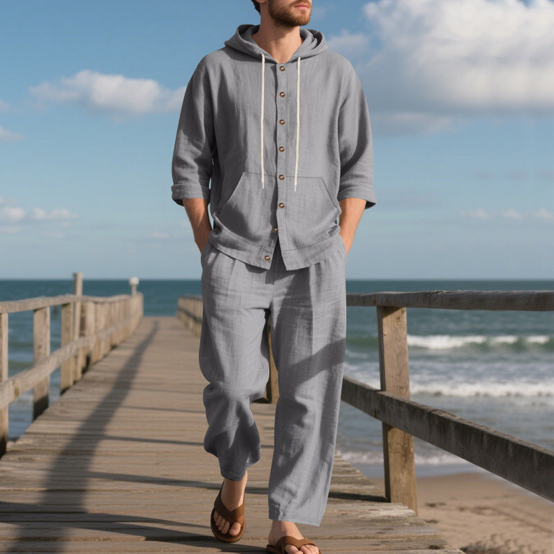 Zweiteiler Herren Relaxed Fit Freizeit Sommer mit Kapuze und Knopfleiste