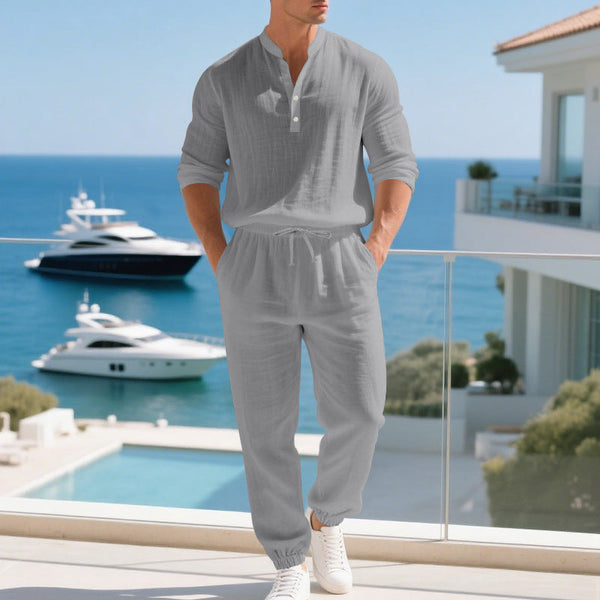 Zweiteiler Herren Relaxed Fit Freizeit Baumwolle Knopfleiste