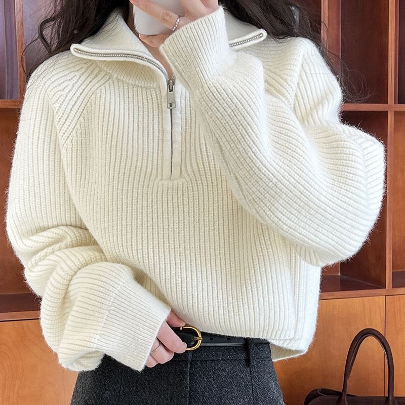 Damen Oversize Pullover Quarter-Zip Freizeit