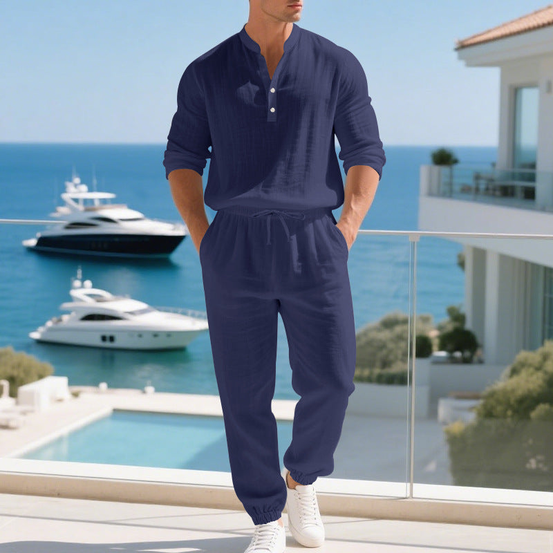 Zweiteiler Herren Relaxed Fit Freizeit Baumwolle Knopfleiste