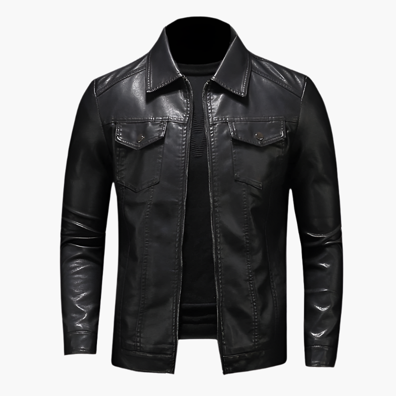 Lederjacke Herren – Slim Fit Übergangsjacke mit Reißverschluss Schwarz