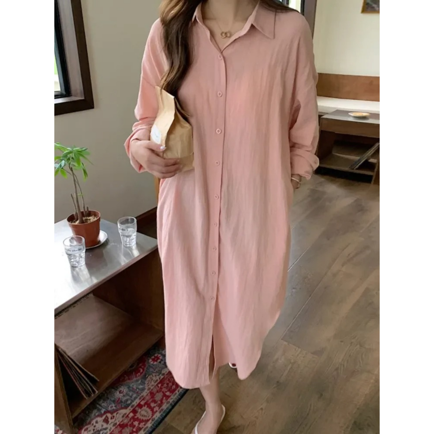 Damen Hemdkleid Oversize Langarm Lässig Freizeit