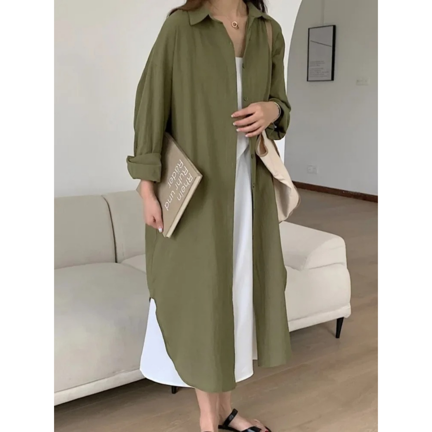 Damen Hemdkleid Oversize Langarm Lässig Freizeit