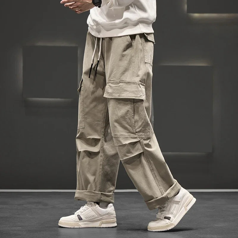 Herren Cargo-Hosen mit weitem Bein, Kordelzugbund und Klapptaschen