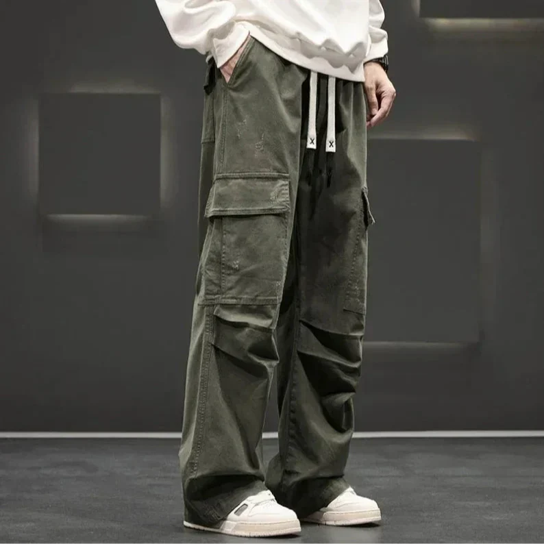 Herren Cargo-Hosen mit weitem Bein, Kordelzugbund und Klapptaschen