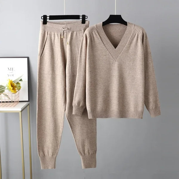 Eva I Damen Strickset V-Ausschnitt Pullover & Hose Freizeit Komfort