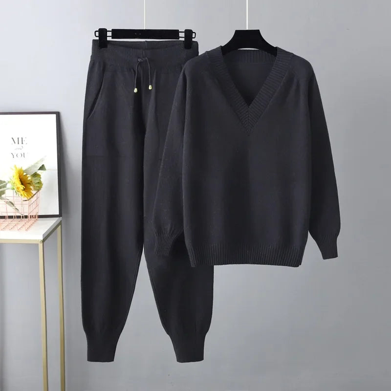 Eva I Damen Strickset V-Ausschnitt Pullover & Hose Freizeit Komfort