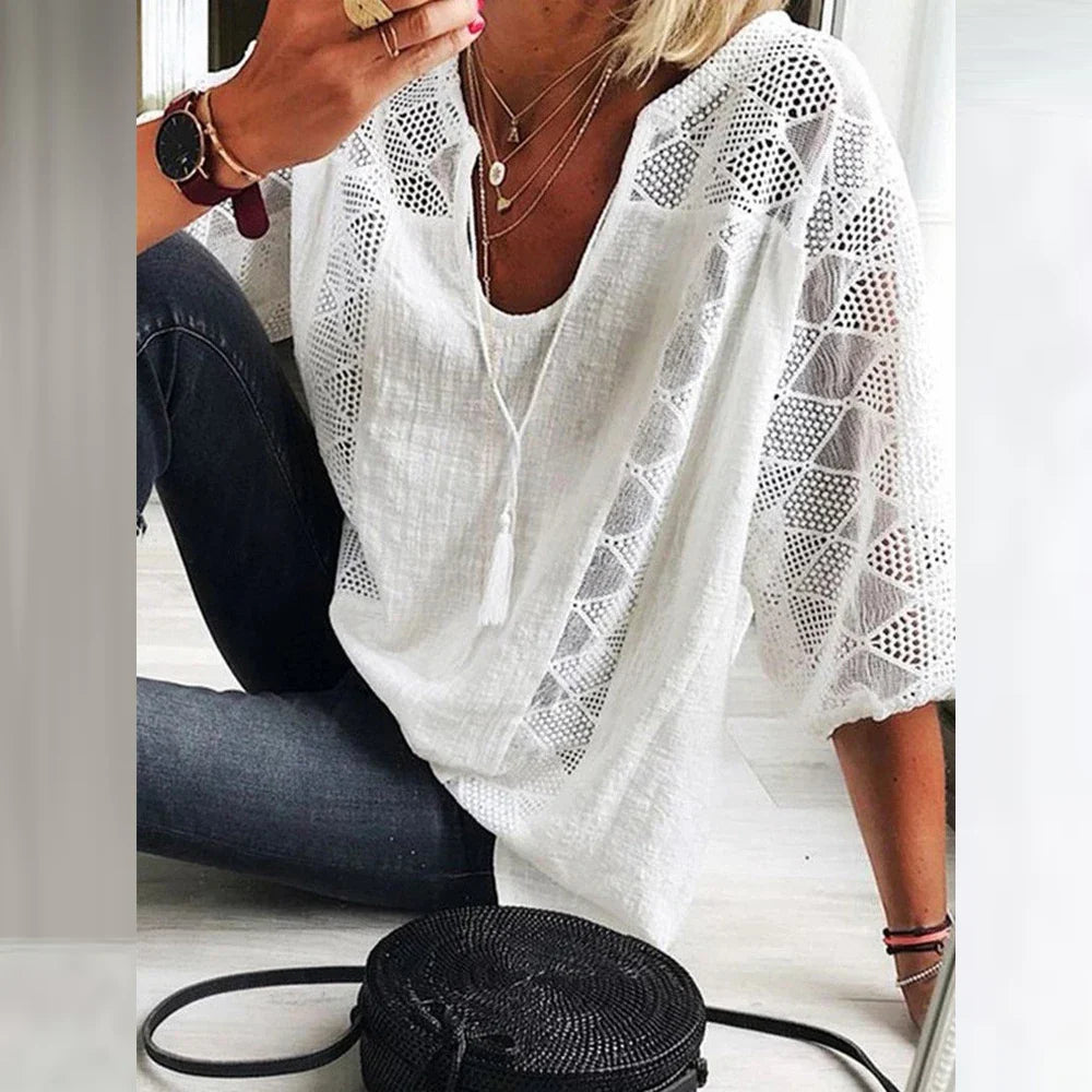 Damen Sommerbluse Relaxed Fit Sommer Freizeit mit Spitze