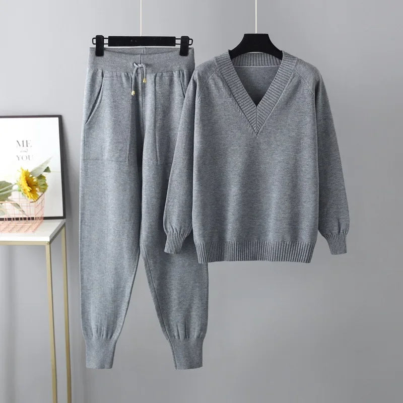 Eva I Damen Strickset V-Ausschnitt Pullover & Hose Freizeit Komfort