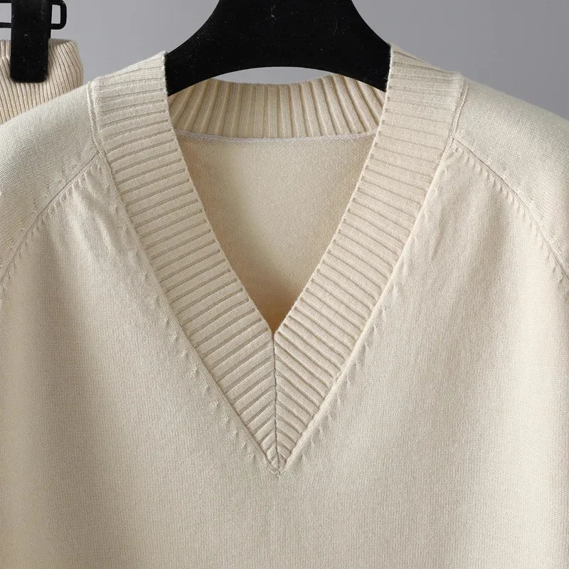 Eva I Damen Strickset V-Ausschnitt Pullover & Hose Freizeit Komfort
