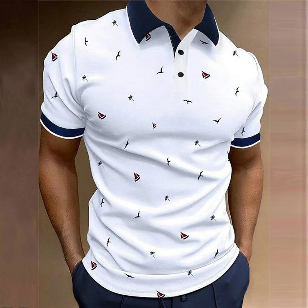 Herren Polo-Shirt Regular Fit Freizeit mit Segelboot-Muster
