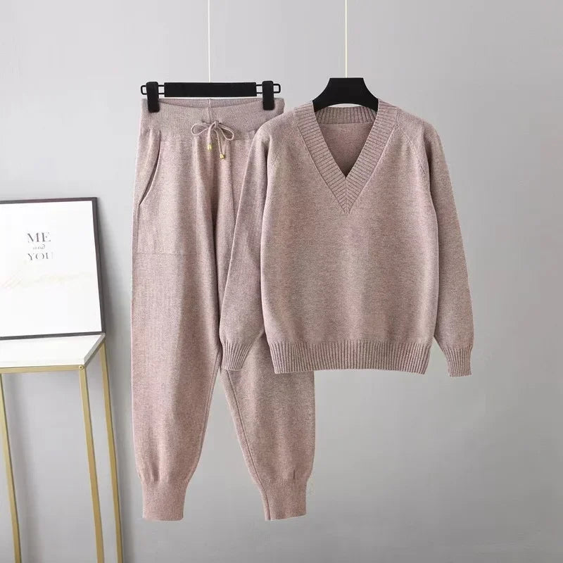 Eva I Damen Strickset V-Ausschnitt Pullover & Hose Freizeit Komfort