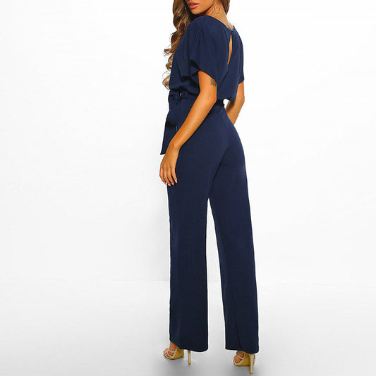 Damen Jumpsuit Tailliert Weit Bein Kurzarm Casual Sommer