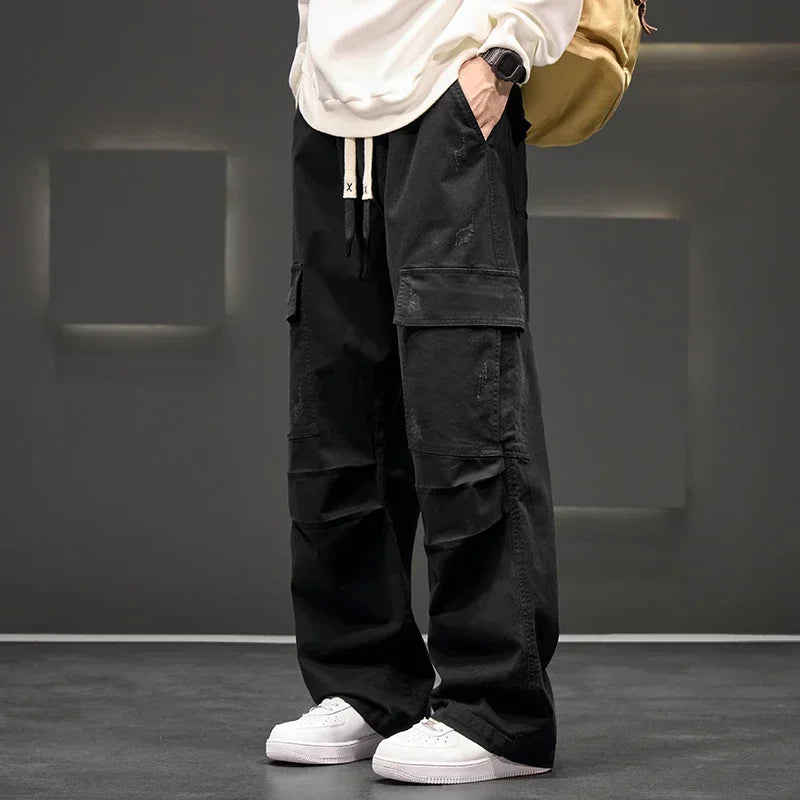 Herren Cargo-Hosen mit weitem Bein, Kordelzugbund und Klapptaschen