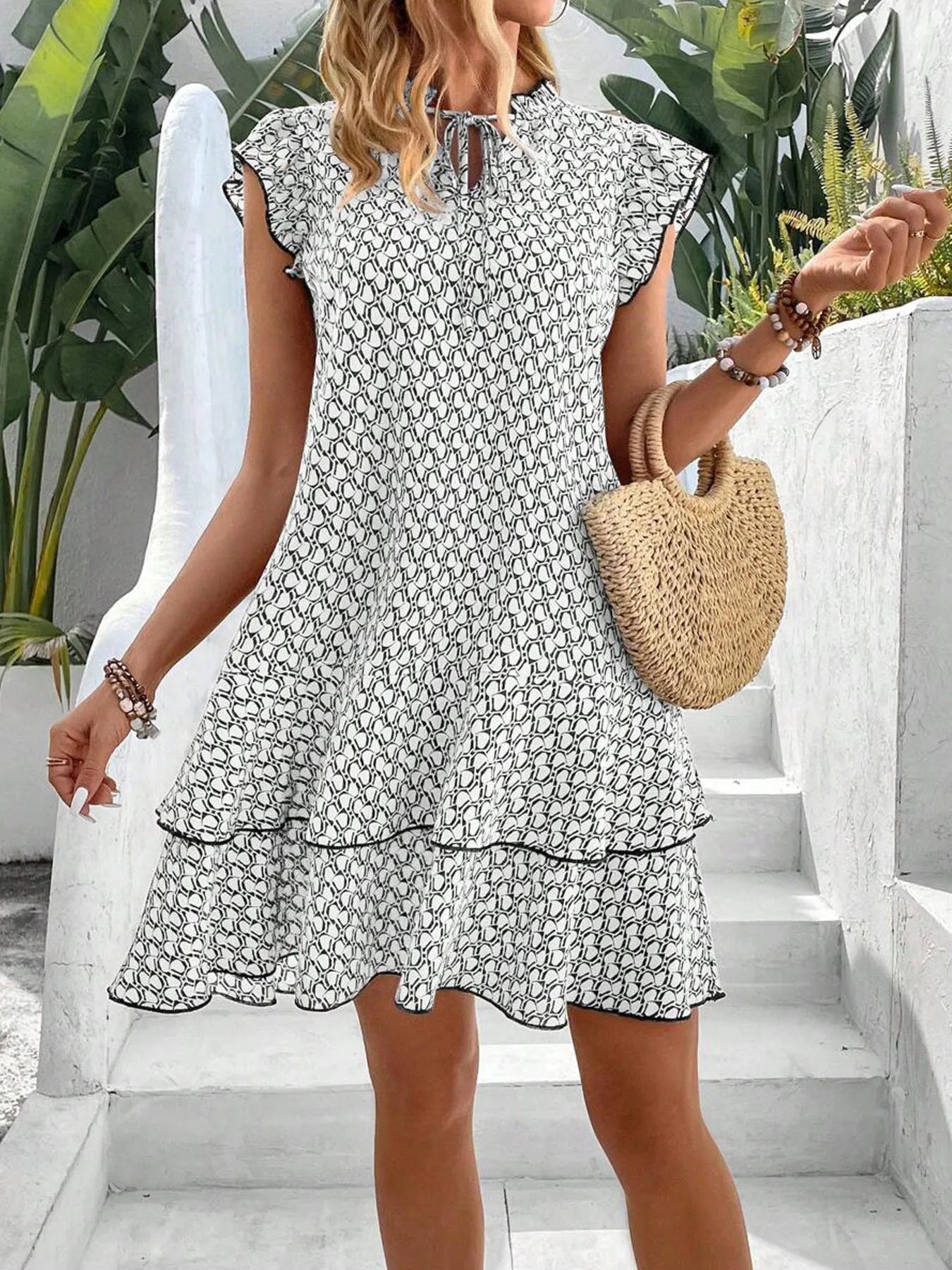 Damen Mini Kleid Relaxed Fit Freizeit mit Stufenvolants