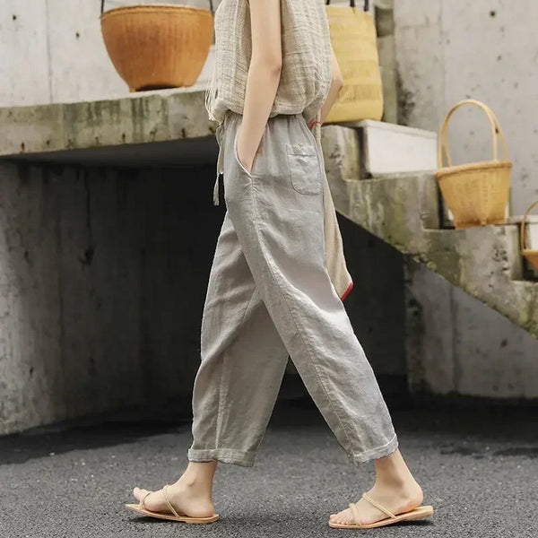 Damen Leinenhose Relaxed Fit Freizeit mit elastischem Bund