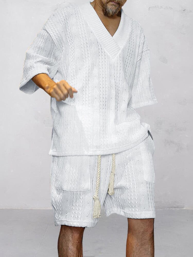 Zweiteiler Herren Sommer – T-Shirt & Shorts Set mit V-Ausschnitt | Loungewear Set Herren, Kabelstrick, Lässig & Bequem