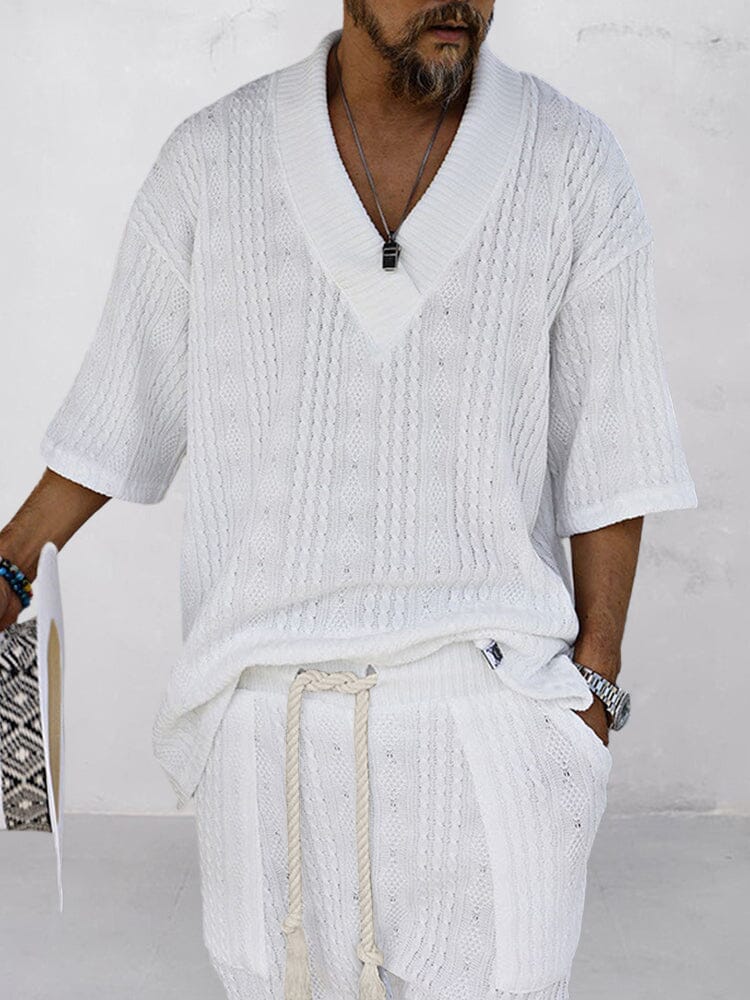 Zweiteiler Herren Sommer – T-Shirt & Shorts Set mit V-Ausschnitt | Loungewear Set Herren, Kabelstrick, Lässig & Bequem