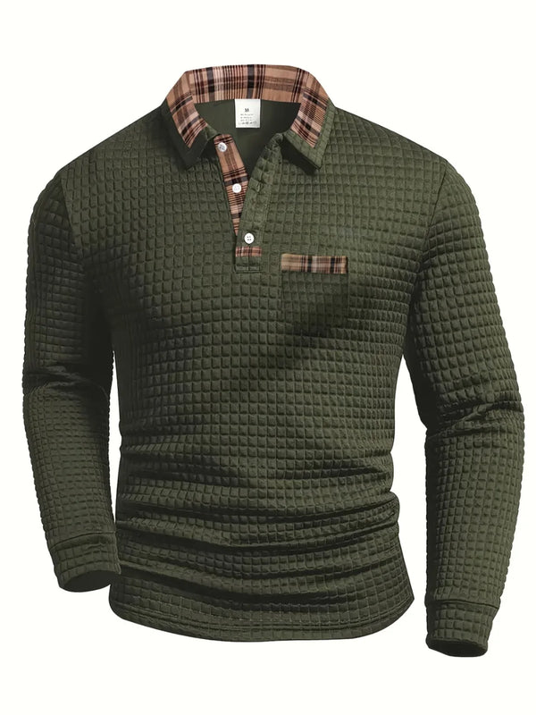 Polo homme gaufré manches longues col à carreaux I Léger