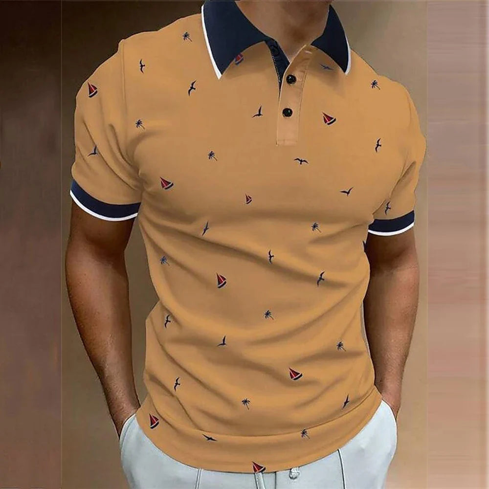Herren Polo-Shirt Regular Fit Freizeit mit Segelboot-Muster