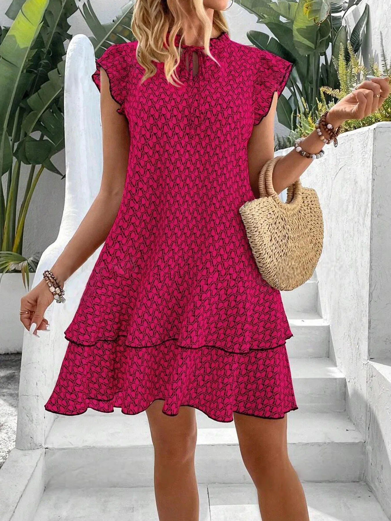 Damen Mini Kleid Relaxed Fit Freizeit mit Stufenvolants