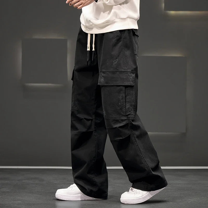Herren Cargo-Hosen mit weitem Bein, Kordelzugbund und Klapptaschen