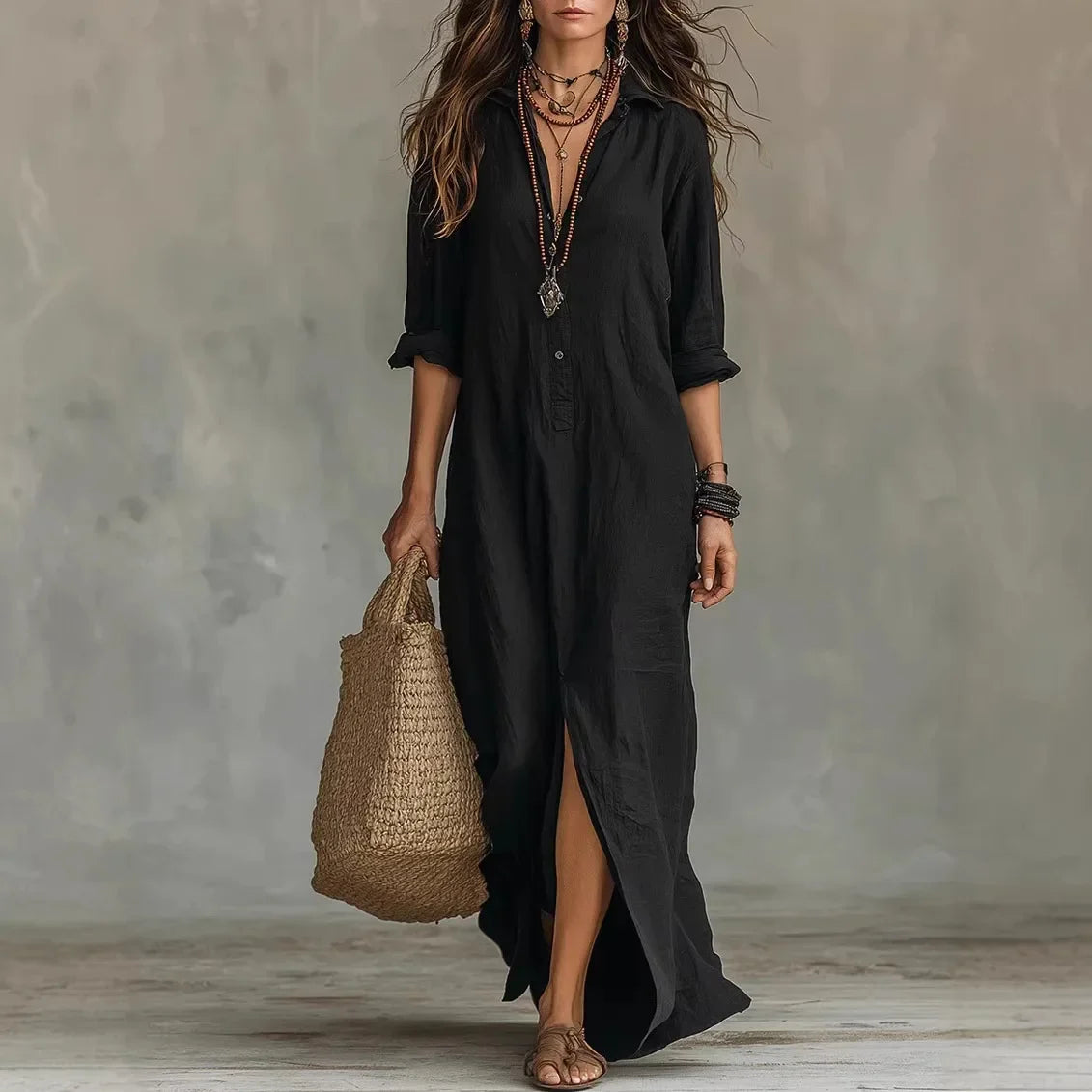 Damen Sommerkleid Langarm Relaxed Fit Casual
